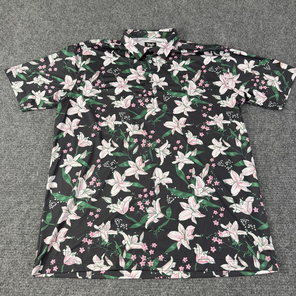 Waggle Polo Shirt Mens 2XL Black Pink Lily Floral Golf Performance Stretch